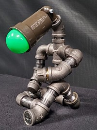 Steampunk style THINKING GUY lamp made with black iron pipe and weatherproof lamp housung