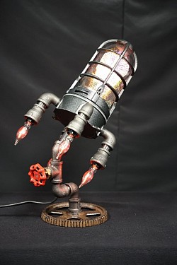 Steampunk style Rocket ship Lamp made with black iron pipe