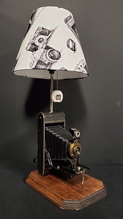 Custom Hand Made Vintage Camera table Lamp with matching vintage camera shade and ceramic Pull chain